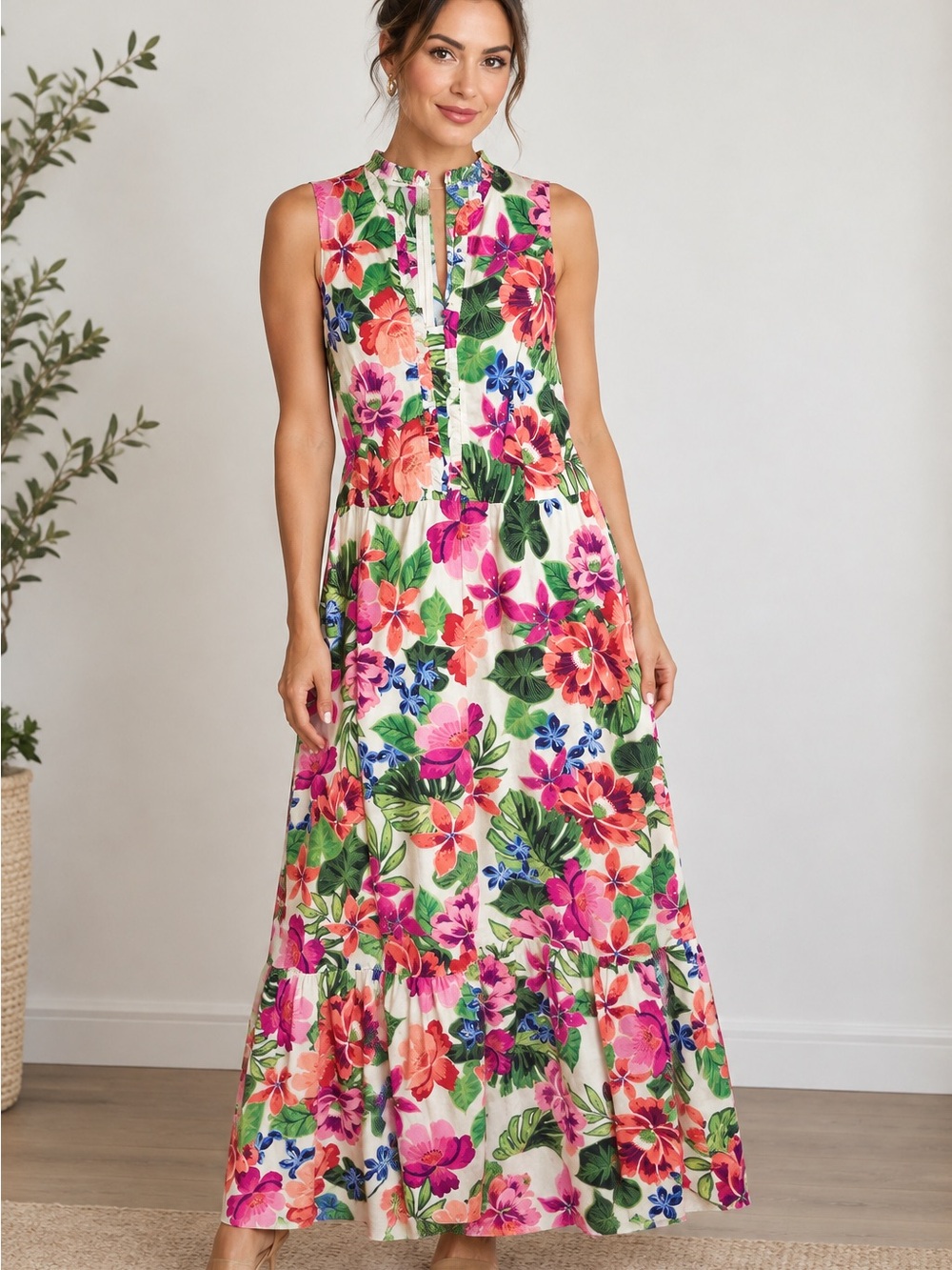 London Times Tropical Floral Sleeveless Maxi Dress - Cream with Pink, Orange